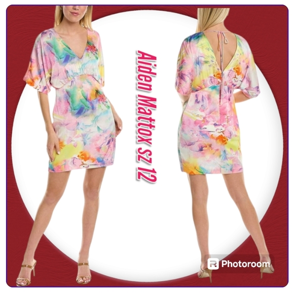Aidan by Aidan Mattox Kimono Floral Sheath Satin V neckline Mini Dress - Picture 1 of 13